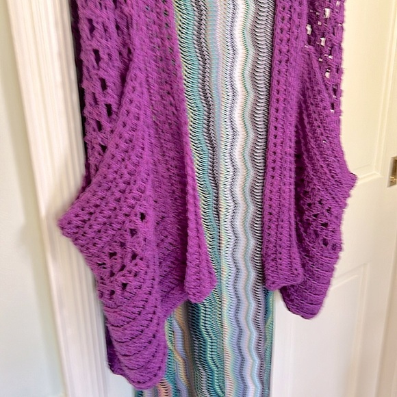 Scandinavian Violet Purple Euro Wrap Open Knit Slouchy Pocket Artisan Corner NEW - Picture 2 of 16